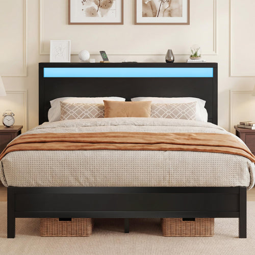 Queen Bed Frame with LED Headboard, Charging Station & Under-Bed Storage