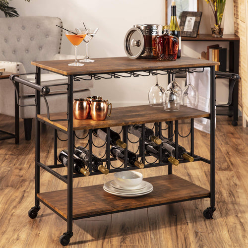 Industrial Bar & Wine Storage Cart with Bottle and Glass Racks