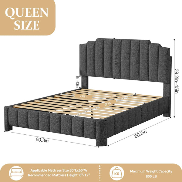 Queen Bed Frame with Adjustable Headboard – Boucle Upholstered Platform Bed