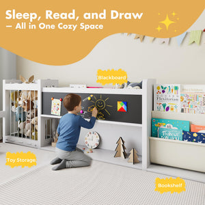 Montessori Floor Bed with Door, Guard Rails, Chalkboard & Bookshelf – Kids Bed Frame