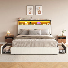 Queen LED Platform Bed with Storage Drawers & Bookcase Headboard