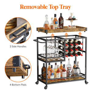 3-Tier Bar Cart with Wine Rack & Removable Tray