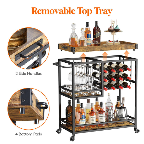 3-Tier Bar Cart with Wine Rack & Removable Tray