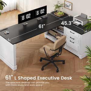 L-Shaped Executive Desk with File Drawers & Power Outlets