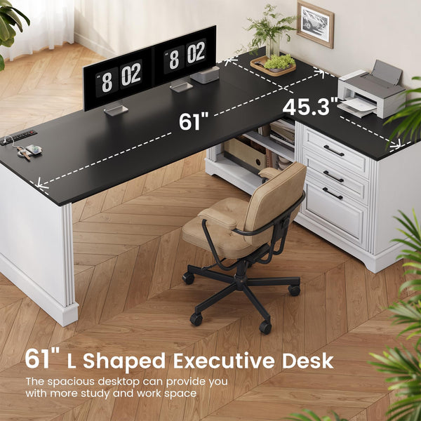 L-Shaped Executive Desk with File Drawers & Power Outlets