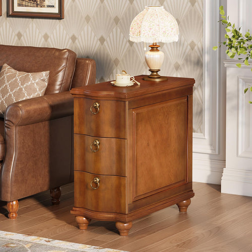 Walnut Brown 3-Drawer End Table with Solid Wood Legs
