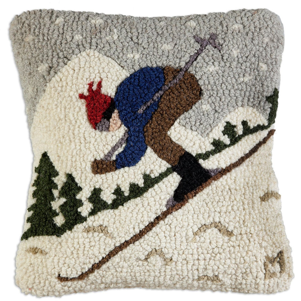 Hand-Hooked Wool Throw Pillow – Downhill Skier, 14x14, White