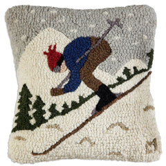 Hand-Hooked Wool Throw Pillow – Downhill Skier, 14x14, White
