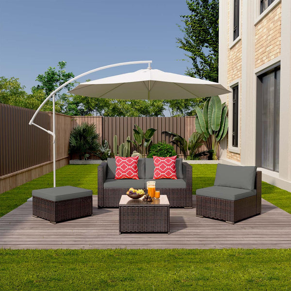 5-Piece Outdoor Wicker Sectional Patio Set with Cushions & Glass Table