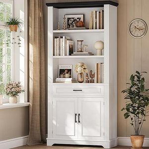 Tall Bookcase with Doors & 8 Open Cubes – 4-Tier Storage Shelf