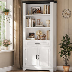 6-Tier Farmhouse Bookcase with Cabinet Doors and Drawer – 70" Tall