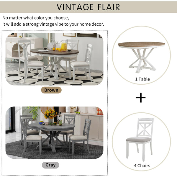 Round Extendable Dining Table Set for 4, 5-Piece