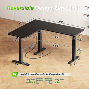 L-Shaped Electric Standing Desk with Power Outlets – 63 x 55 Inch Height Adjustable Corner Desk