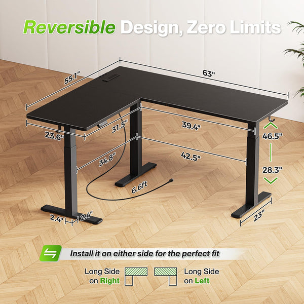 L-Shaped Electric Standing Desk with Power Outlets – 63 x 55 Inch Height Adjustable Corner Desk