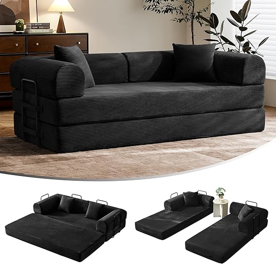 SAVENICA 79" Convertible Floor Sofa Bed, 5-in-1 Modular Sleeper with Removable Parts, No Assembly Corduroy Futon from Sofa to Oversized Bed, Non-Slip Base for Living Room, Dorm (Light Gray)