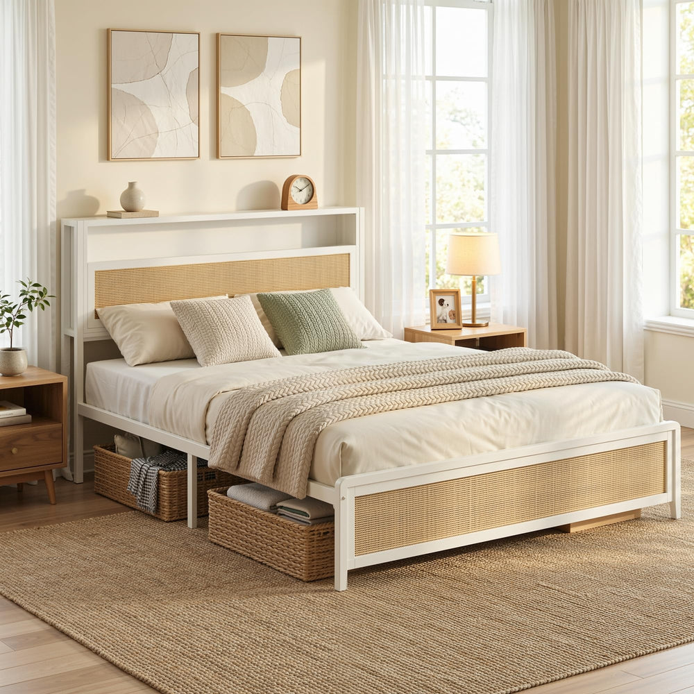 Rattan Queen Bed Frame with Storage Headboard