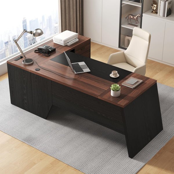 L-Shaped Executive Desk 78-Inch with Power Outlet & File Cabinet