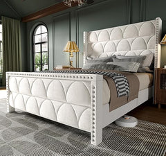 Velvet Wingback Platform Bed Frame with 56" Headboard