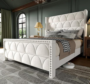 Velvet Wingback Platform Bed Frame with 56" Headboard