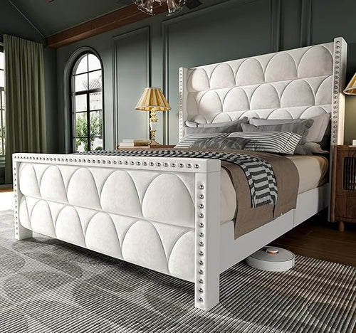 Velvet Wingback Platform Bed Frame with 56" Headboard