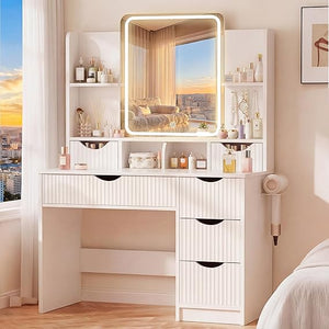 Fluted Vanity Desk with LED Mirror & 6 Drawers