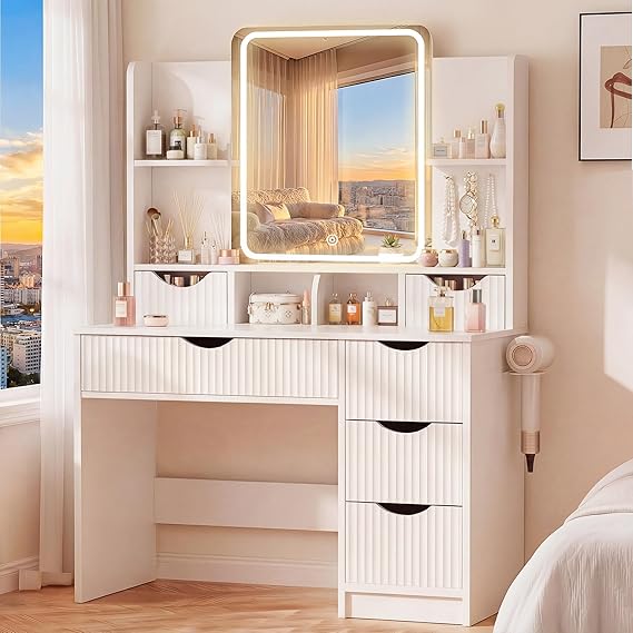Fluted Vanity Desk with LED Mirror & 6 Drawers