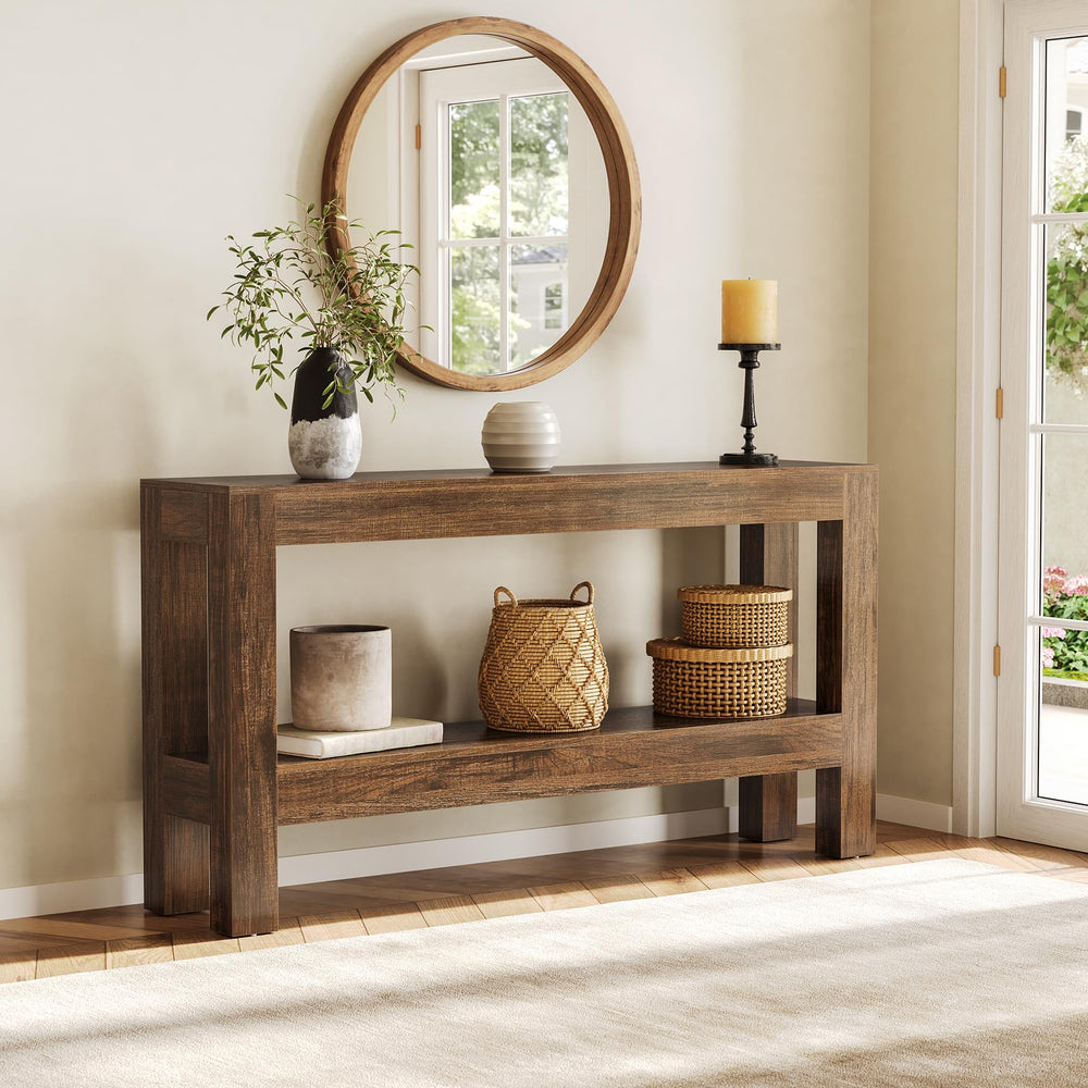 63-Inch Farmhouse Console Table with 2-Tier Shelves