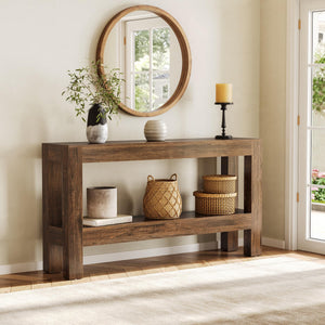 63-Inch Farmhouse Console Table with 2-Tier Shelves