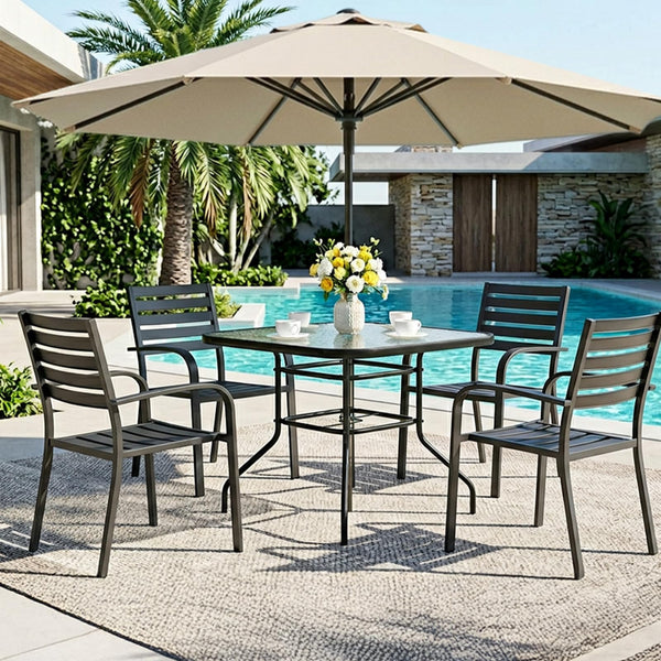 Glass Patio Table with Umbrella Hole – Tempered Glass Outdoor Dining Table