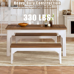 Farmhouse Dining Table Set with 2 Benches, 3-Piece, Brown & White