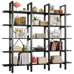 Triple Wide 5-Tier Open Bookshelf with Back Fence