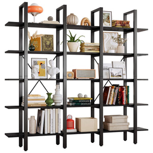 Triple Wide 5-Tier Open Bookshelf with Back Fence
