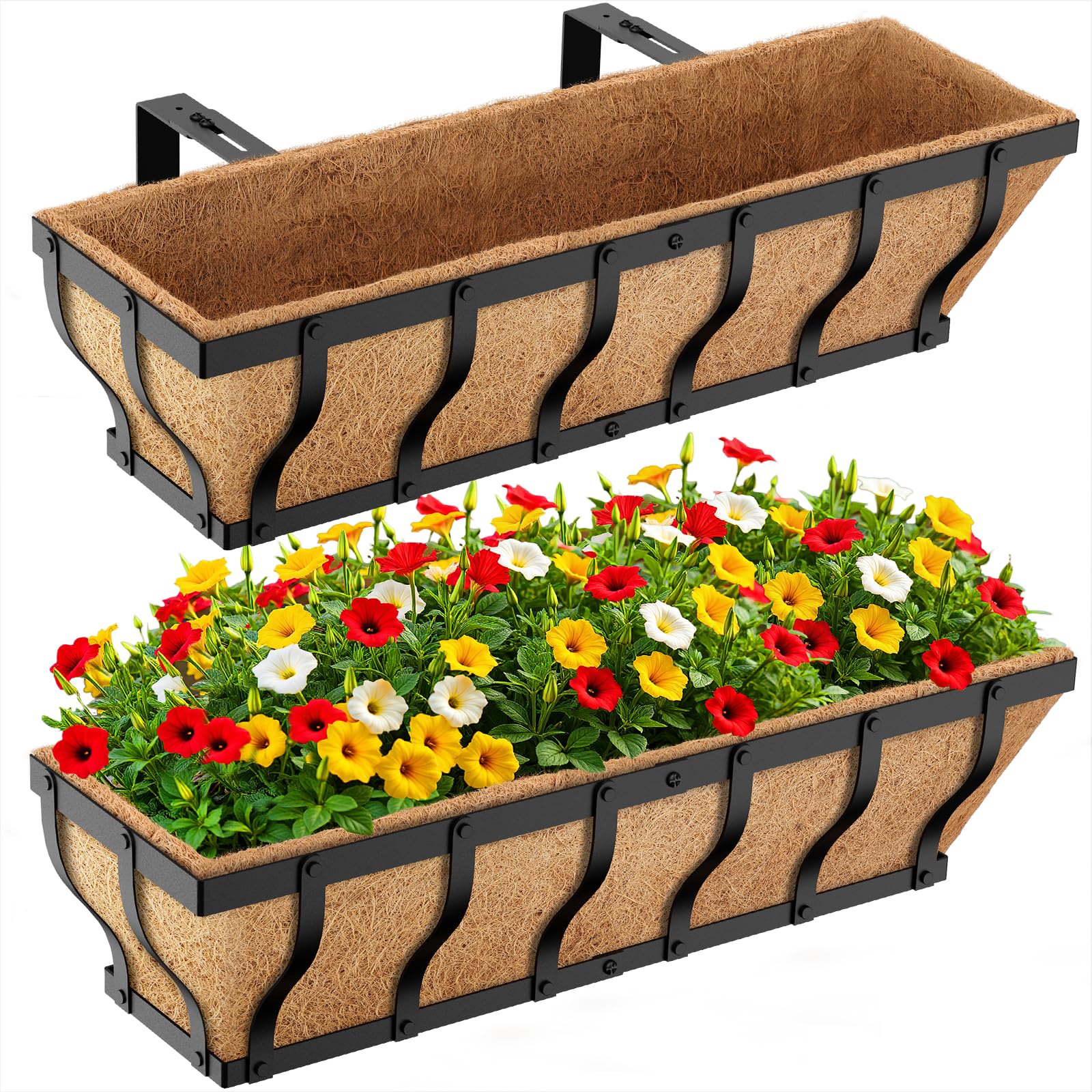 Iron Railing Planter Box with Coco Liner & Support Rod | 24