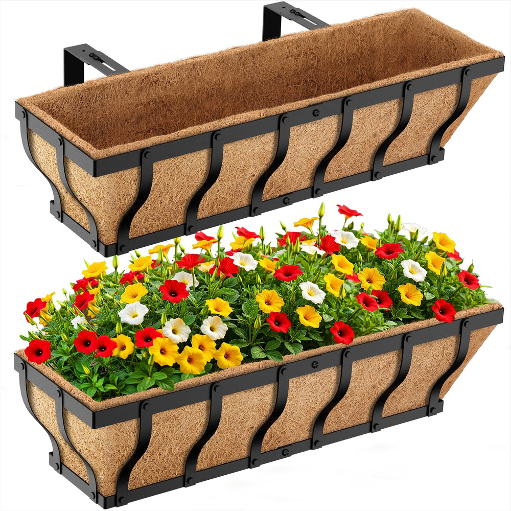 Iron Railing Planter Box with Coco Liner & Support Rod