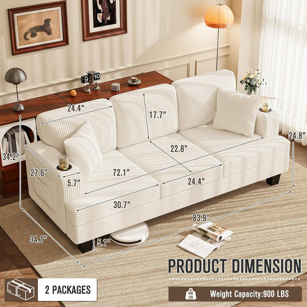 3-Seat Corduroy Sofa – Deep Seat Living Room Couch