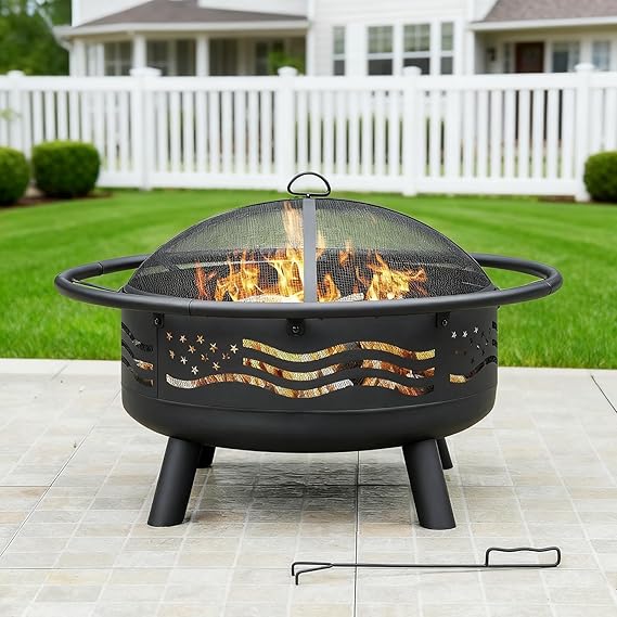 32-Inch American Flag Round Fire Pit