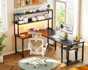 L-Shaped Gaming Desk with Hutch & Storage Shelves