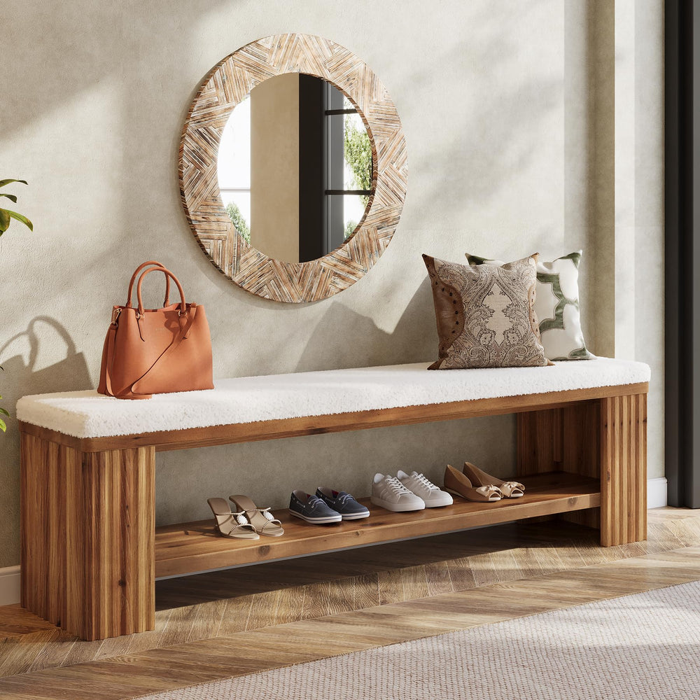 Upholstered Bedroom & Entryway Bench with Faux Sheepskin Cushion