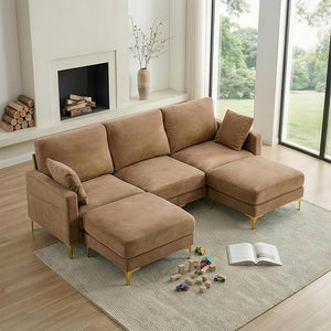 U-Shaped Sectional Sofa with Ottoman – Chenille Cloud Couch, 3-Seater
