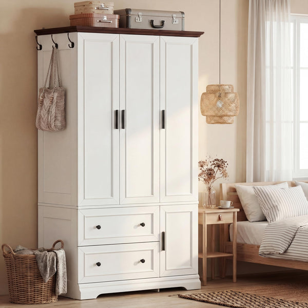 Armoire Wardrobe Closet with Drawers, Hanging Rod & Soft-Close Doors