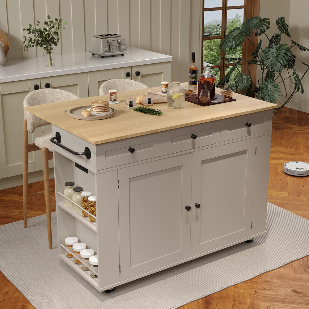Rolling Kitchen Island with Drop Leaf Countertop & Charging Station