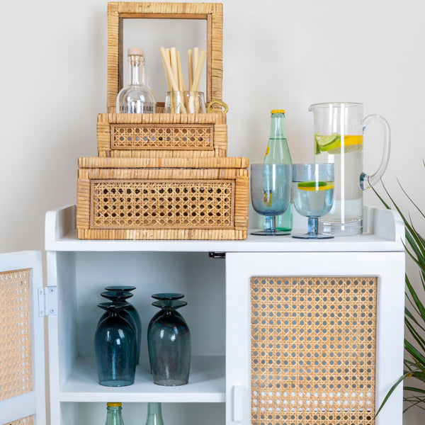 Rattan & Wood Display Boxes with Glass Top – Set of 2