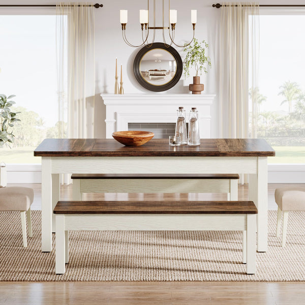Farmhouse Dining Table Set with 2 Benches, Seats 4–6