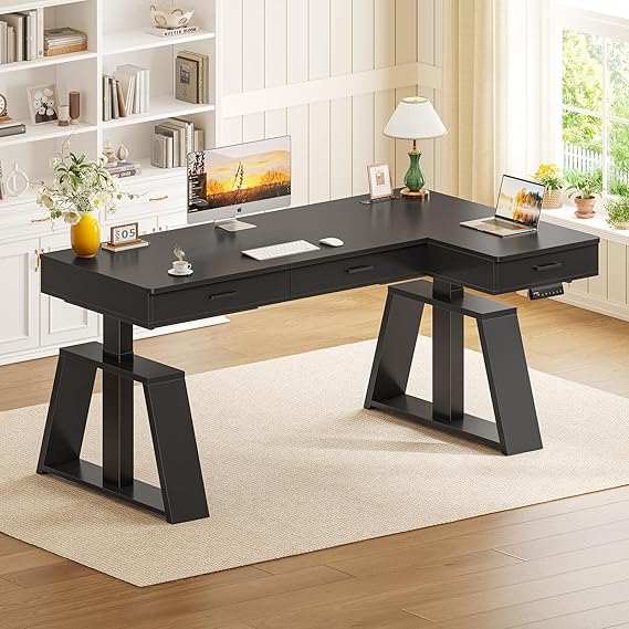 59" L-Shaped Electric Standing Desk with Drawers & Power Outlets