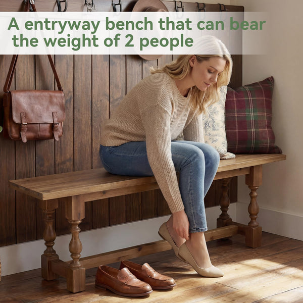 Rustic Solid Wood Entryway Bench – 59.1" Farmhouse Seat with Turned Legs