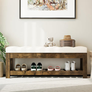 Tufted Linen Ottoman Bench with Wood Shelf