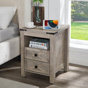 Farmhouse Nightstand with Charging Station, 2 Drawers & Open Shelf