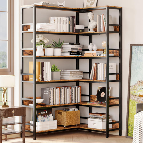 6-Tier L-Shaped Corner Bookshelf with Metal Frame
