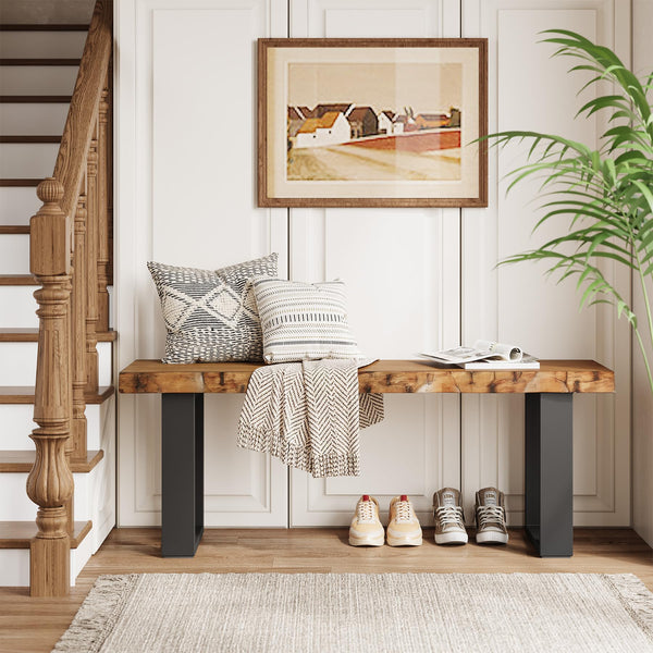 47" Live Edge Pine Wood Entryway Bench with Metal Legs
