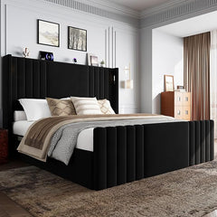 Wingback Velvet Platform Bed with Reading Lights & Charging Station